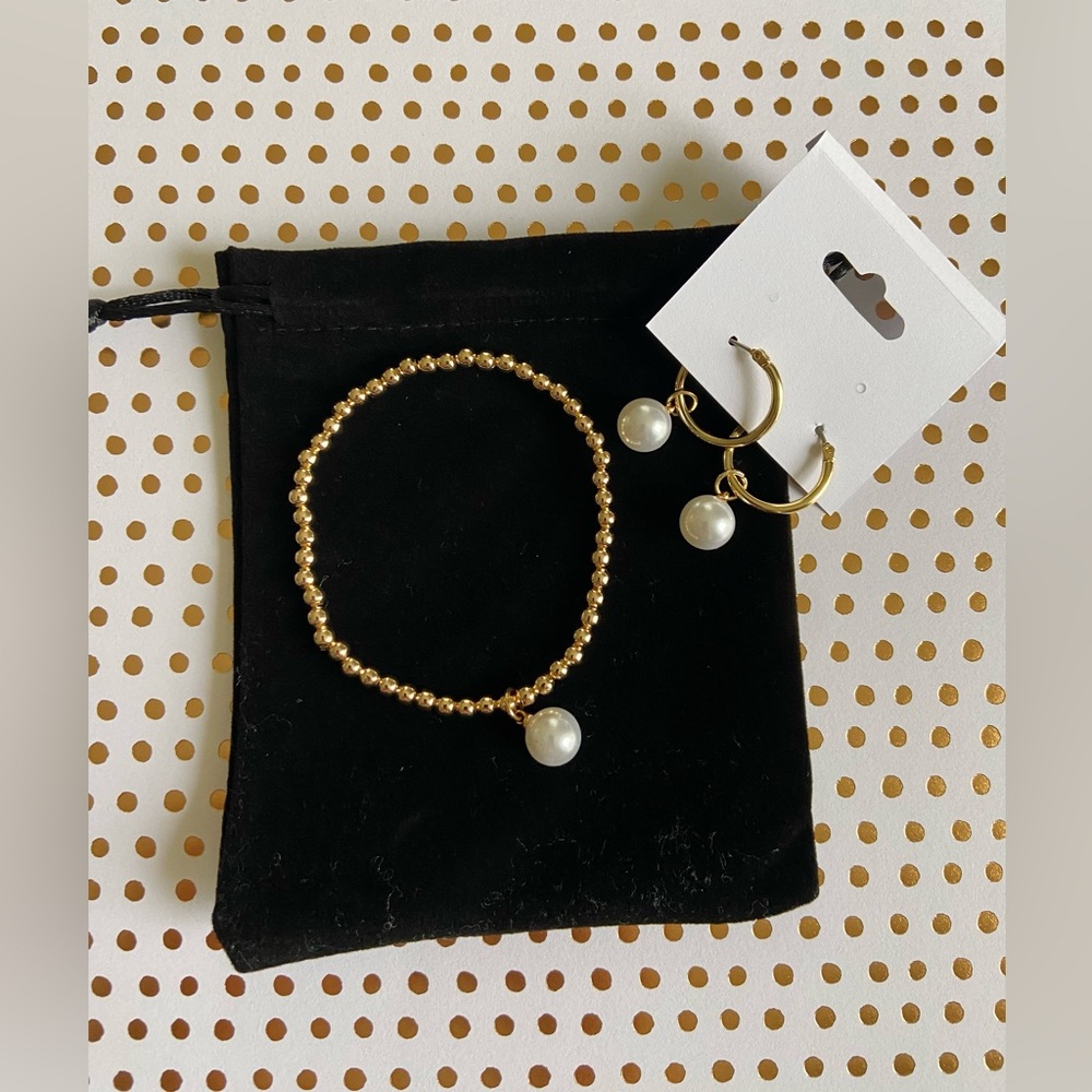 NEW. Set of 14KT gold plated hoop earrings and bracelet with faux pearl charm. - Picture 6 of 7
